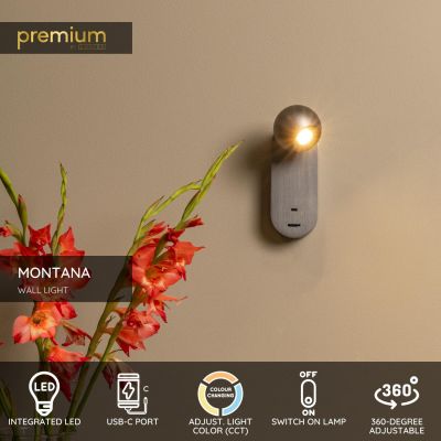 Lucide MONTANA - Wall light - LED - CCT - 1x6,3W 2700K/4000K - With USB charging point - Grey iron - Premium